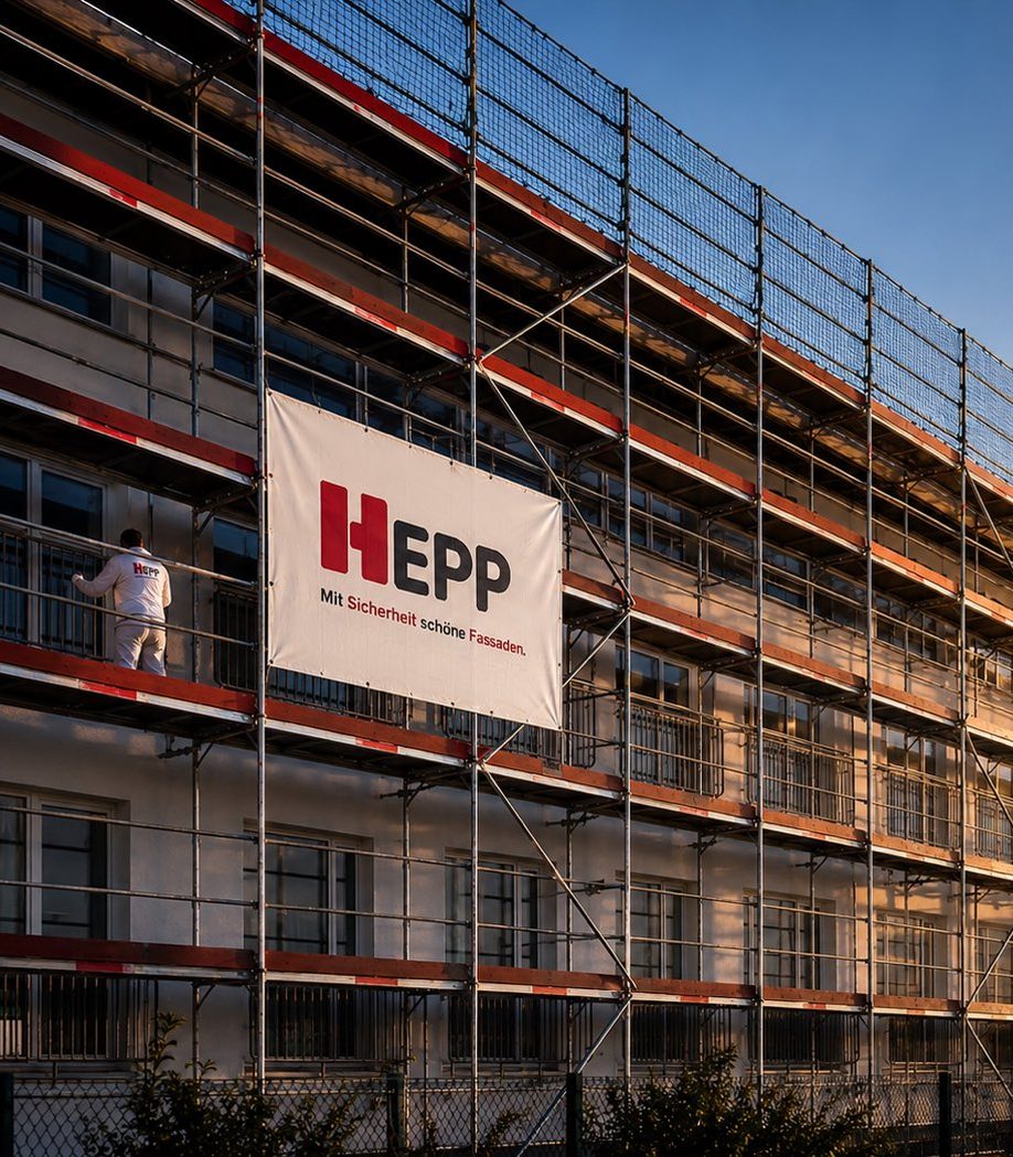 Eingerüstetes Gebäude mit HEPP-Banner